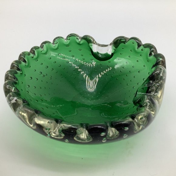Murano MCM Handblown Bullicante Emerald Green Glass Ashtray/Bowl - Picture 8 of 12
